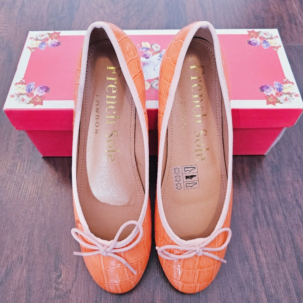 NEW French Sole Women's Amelie Bowtie Coral Ballet Flats Leather 37.5 US  7
